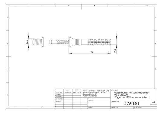 ASW Nageldübel M 8 x 50 mm, verzinkt, mit metrischem Gewindekopf, vormontiert