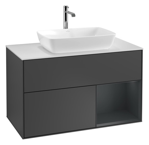 V&B Waschtisch-Unterschrank Wandbeleuchtung Finion 100cm, Abdeckplatte white matt, Regal Midnight matt lacquer, Anthracite matt