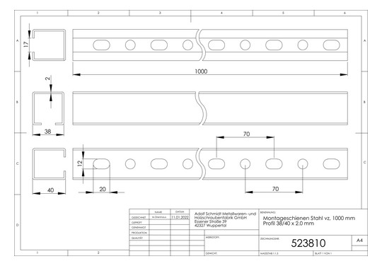 ASW Montageschiene 1000 mm, Profil 38/40 x 2.0 mm, Stahl verzinkt
