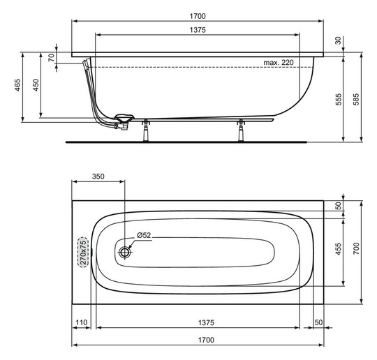 Ideal-Standard Körperform-Badewanne i.life 170 x 70 x 45 cm, weiß