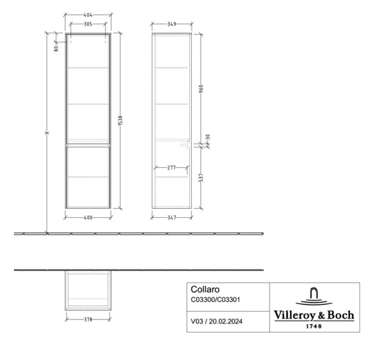V&B Hochschrank Collaro 40,4x153,8x34,9cm, Anschlag rechts, kansas oak