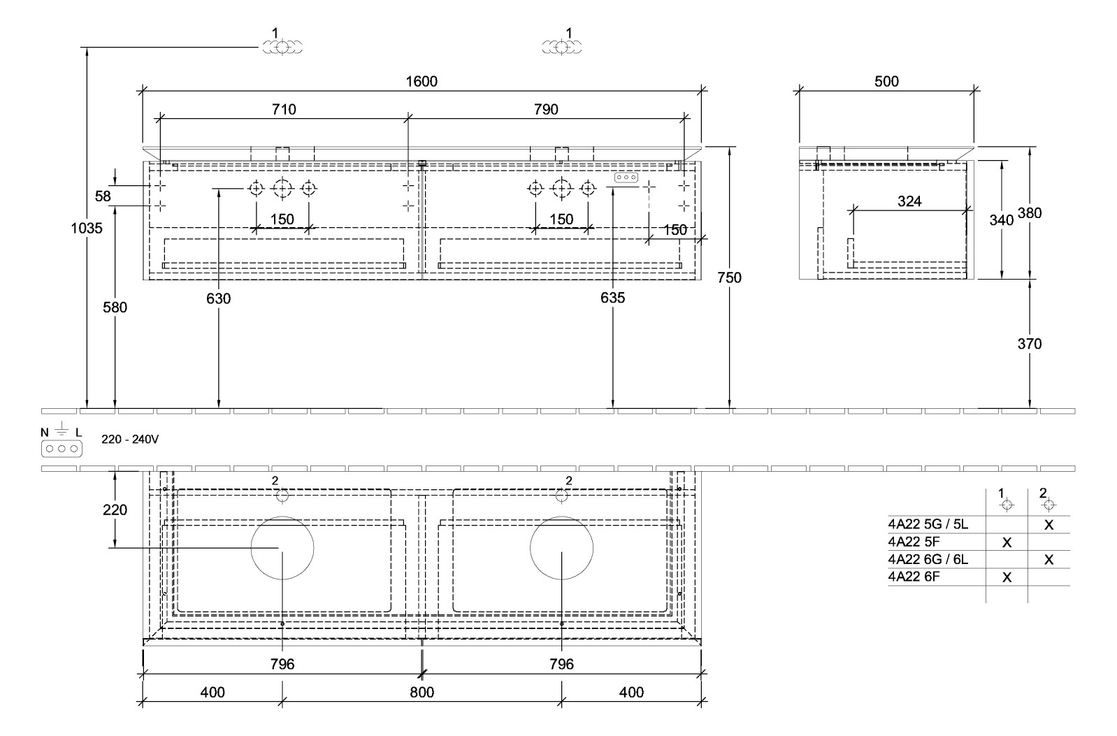 V&B Waschtischunterschrank Legato 160x38x50cm, für 2 Waschtische, Glossy Grey
