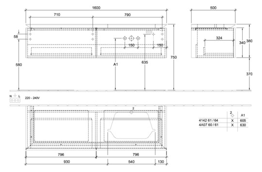 V&B Waschtischunterschrank Legato 160x38x50cm, Waschtisch rechts, mit LED-Beleuchtung, Stone Oak