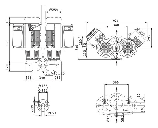 Wilo Trockenläufer-Energiesparpumpe CronoTwin DL-E 50/170-7,5/2, 7,5 kW, mit Differenzdruckgeber