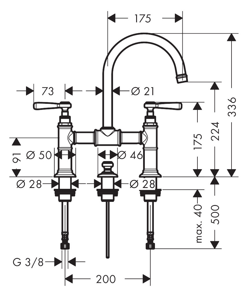 hansgrohe 2-Griff-Waschtisch-Brücken-Armatur 220 Axor Montreux Ausladung 175mm, mit Hebelgriffe, Zugstangen-Ablaufgarnitur, brushed red gold