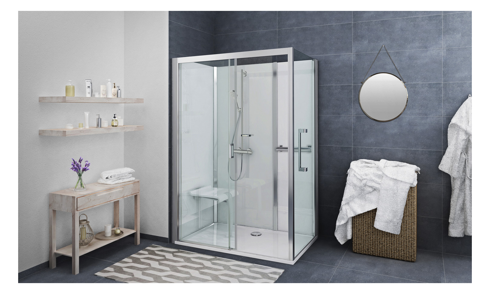 Roth Komplettdusche Vinata Comfort Eck 1660 x 677 x 2160 mm, ESG Rückwände anthrazit, ESG Schiebetür klar