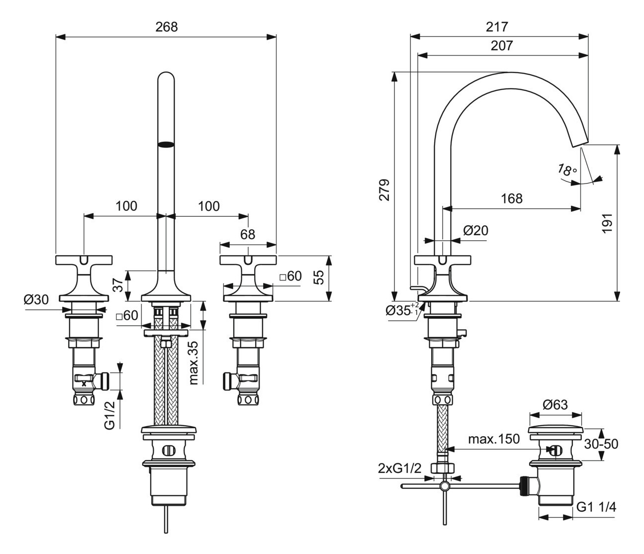 Ideal-Standard 3-Loch-Waschtisch-Armatur Joy Neo Kreuzgriffe, Ausladung 168mm, mit Metall-Ablaufgarnitur, magnetic grey