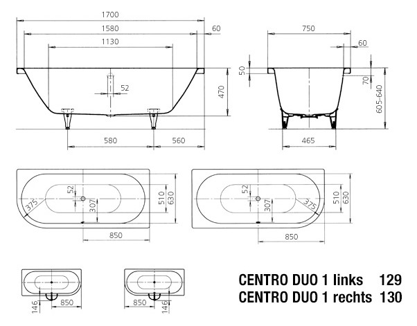 Kaldewei Badewanne CENTRO DUO 1 links 129 170x75cm, Griffloch, Perl-Effekt, Vollantislip, schwarz