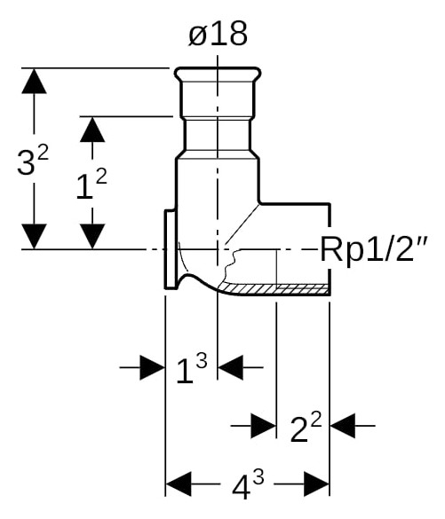 Geberit Gas-Anschlusswinkel Mapress 90Grad, Kupfer, Ø 18 mm x Rp 1/2, Länge 43 mm