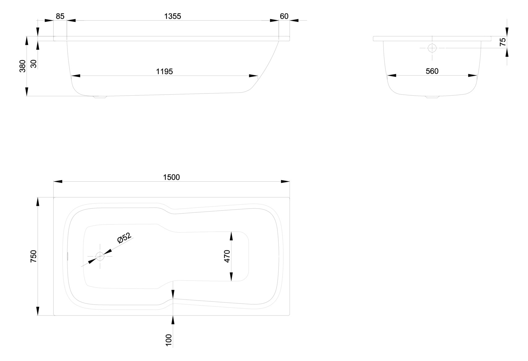 Badewanne BetteSet 2560 150x75x38cm, ägäis