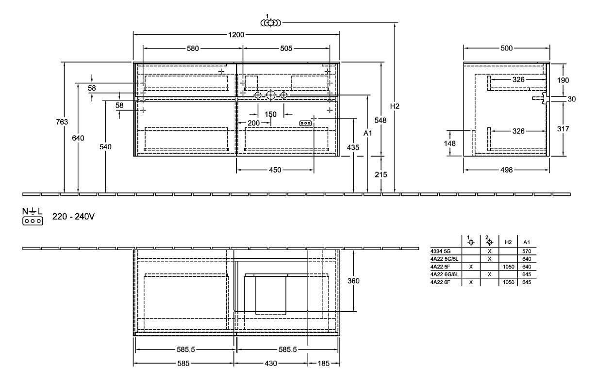 V&B Waschtischunterschrank Collaro 120x54,8x50cm, Waschtisch rechts, LED-Beleuchtung 8,8 W, white wood