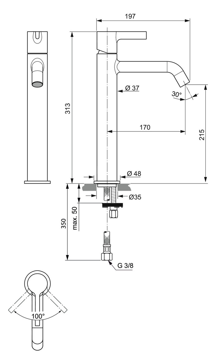 Ideal-Standard Waschtisch-Einhebelmischer Joy Ausladung 170mm, mit verlängertem Sockel, ohne Ablaufgarnitur, magnetic grey