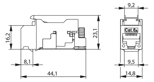 Modular-Buchse Cat6A RJ45 22-26AWG Litze Feldkonf Schirm massiv Schneidklemme IDC