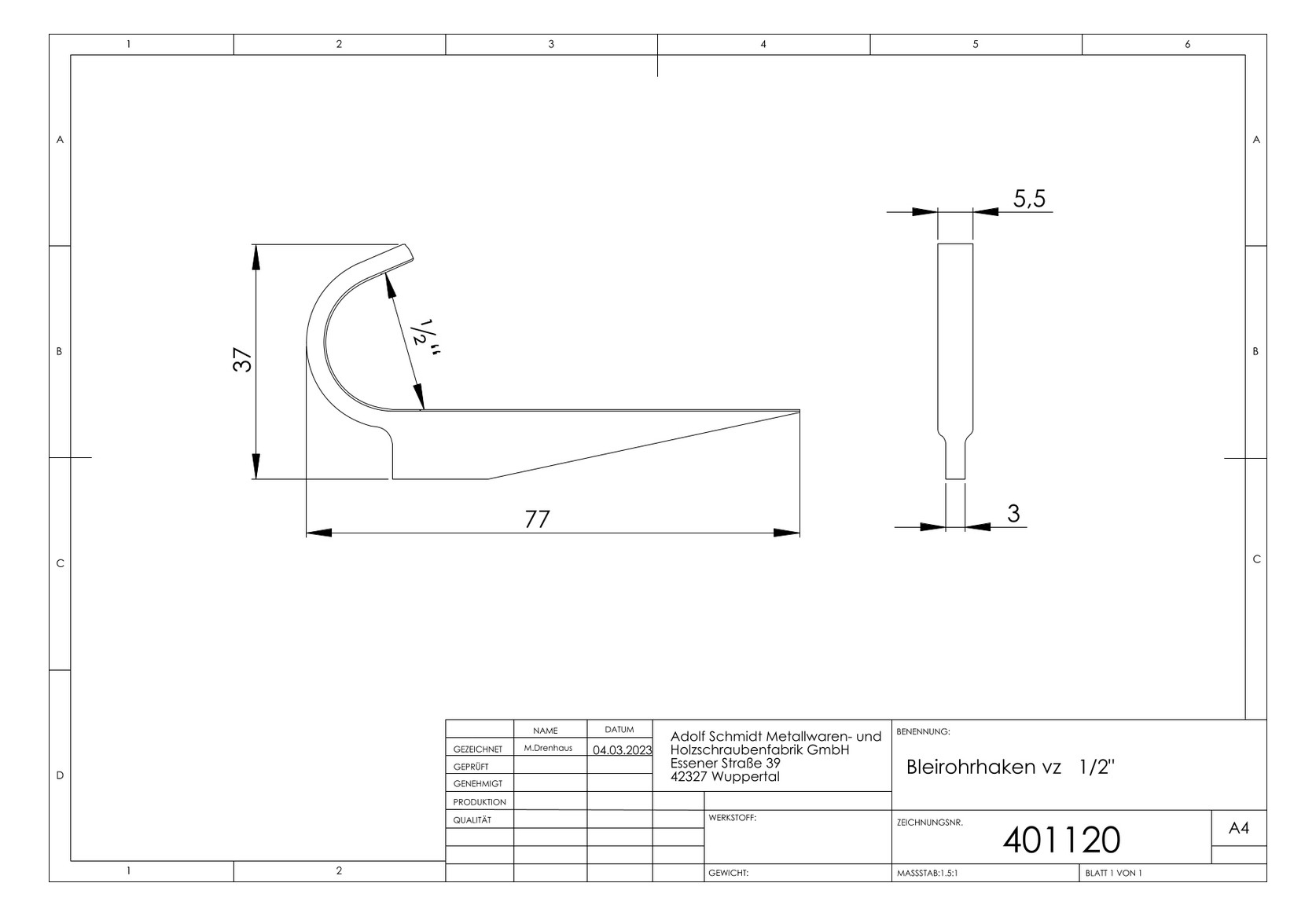 ASW Bleirohrhaken 1/2", Eisen verzinkt, mit geschmiedetem flachen Blatt