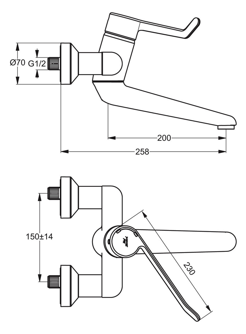 Ideal-Standard Wand-Waschtischsicherheits-Einhebelmischer CeraPlus Ausladung 200 mm, AP, absperrbare S-Anschlüsse, verchromt