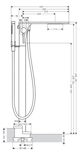 hansgrohe Fertigmontageset Axor Massaud Wannen-Einhebelmischer, bodenstehend, brushed brass