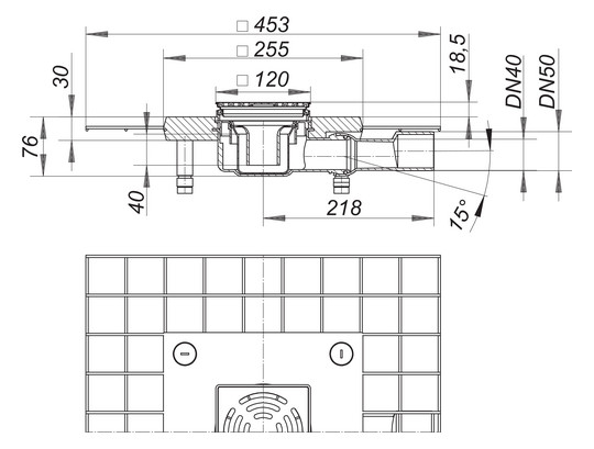 Dallmer Bodenablauf CeraDrain Plan VC 12, 120 x 120 mm, DN 40/50, seitlich