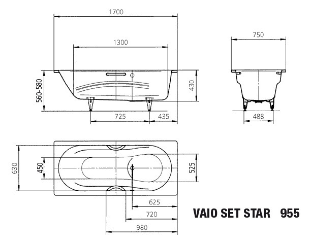 Kaldewei Badewanne VAIO SET STAR-955 170x75cm, Sonderüberlauf Vollantislip Perl-Effekt, schwarz