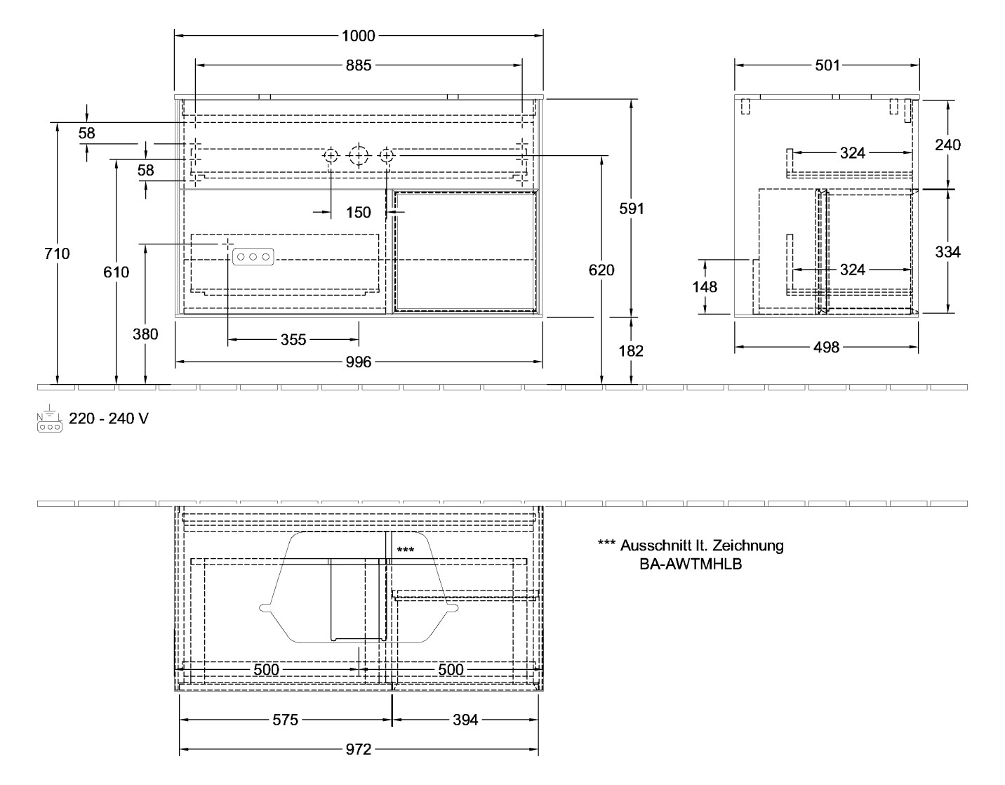 V&B Waschtisch-Unterschrank Finion 100cm, Abdeckplatte black matt, Regal rechts Anthracite matt, Anthracite matt