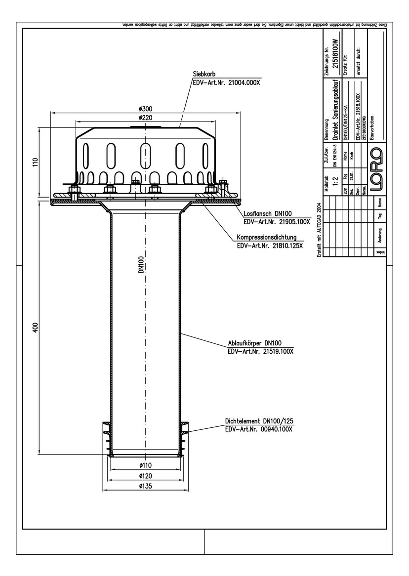 LORO Flachdach-Sanierungsablauf DN 100, Innendurchmesser 118-130 mm, Klemmflansch LORO Flachdach-Sanierungsablauf DN 100, Innendurchmesser 118-130 mm, Klemmflansch