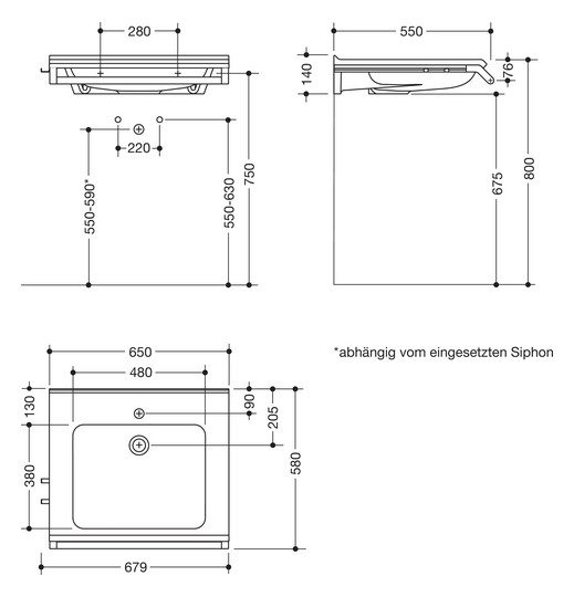 HEWI Mineralguss-Waschtisch 65x58cm, mit Haltegriff 65cm, 2 Haken, weiß, schwarz tiefmatt