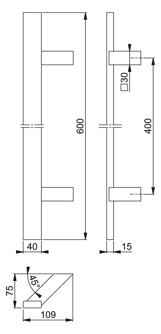Bild HOPPE Stoßgriff E5724, BA 400mm, Breite 109mm, L 600mm, Durchmesser 40mm, verdeckt verschraubt, schwarz matt-1