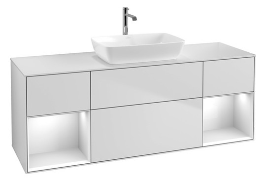V&B Waschtisch-Unterschrank Wandbeleuchtung Finion 160cm, Abdeckplatte white matt, Regal Glossy white lacquer, White matt lacquer