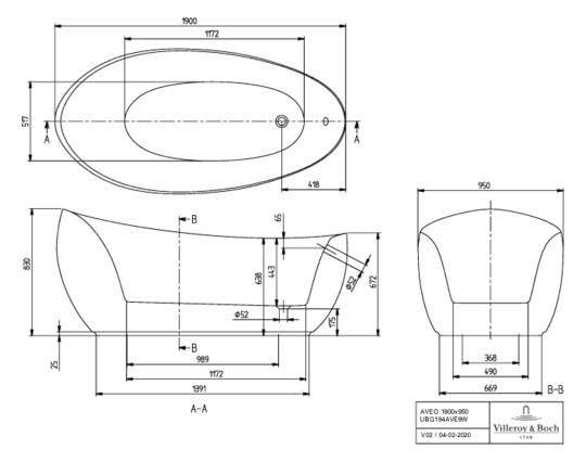 V&B Sonderform-Badewanne Aveo New Generation 190x95cm, speziell, freistehend, mit Ablaufgarnitur, stone white