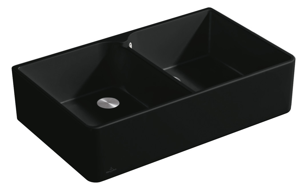 V&B Spülstein Doppelbecken 90 X Ablaufgarnitur mit Handbetätigung, mit Handbetätigung, weiß alpin CeramicPlus