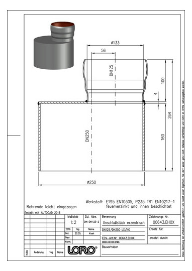 LORO X Anschlussstück DN 125 an KA-Muffe DN 250, exzentrisch Form 2