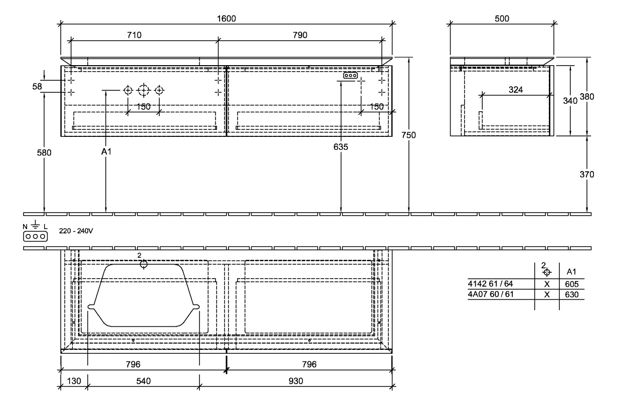 V&B Waschtischunterschrank Legato 160x38x50cm, Waschtisch links, Stone Oak