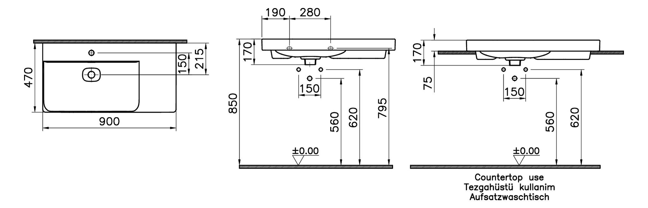 VitrA Bad Waschtisch asymmetrisch New Metropole 90x47cm, Becken links, Ablage rechts, taupe matt vc, ohne Überlaufschlitz
