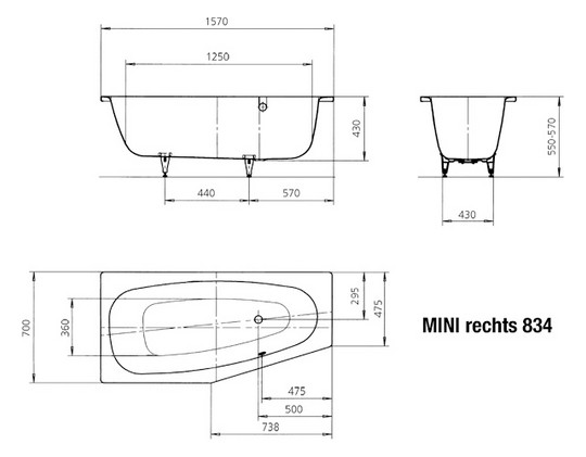 Kaldewei Badewanne MINI rechts 834 157x70/47,5cm, Antislip, schwarz