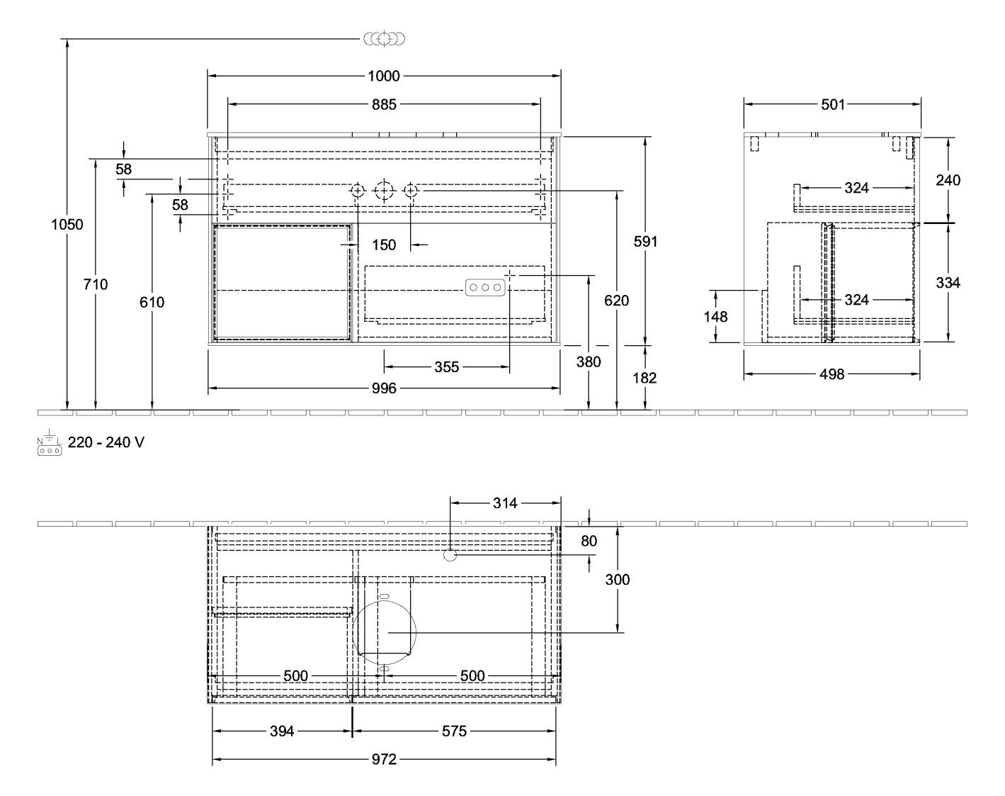 V&B Waschtisch-Unterschrank Finion 100cm, Abdeckplatte black matt, Regal Black matt lacquer, Black matt lacquer