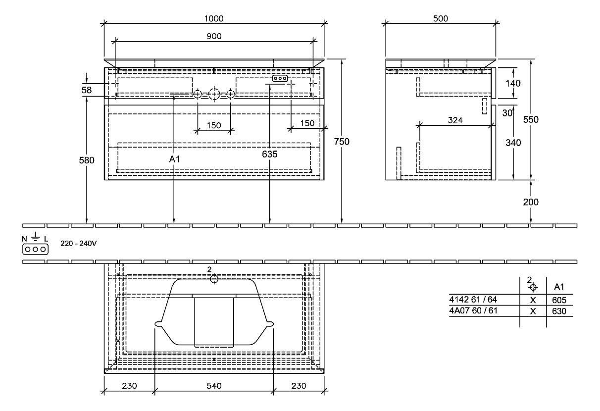 V&B Waschtischunterschrank Legato 100x55x50cm, Waschtisch mittig, Kansas Oak