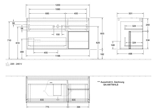 V&B Waschtisch-Unterschrank Finion 120cm, Abdeckplatte white matt, Regal rechts Oak Veneer, Black matt lacquer