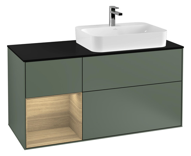 V&B Waschtisch-Unterschrank Finion 120cm, Abdeckplatte black matt, Regal links Oak Veneer, Olive Matt Lacquer