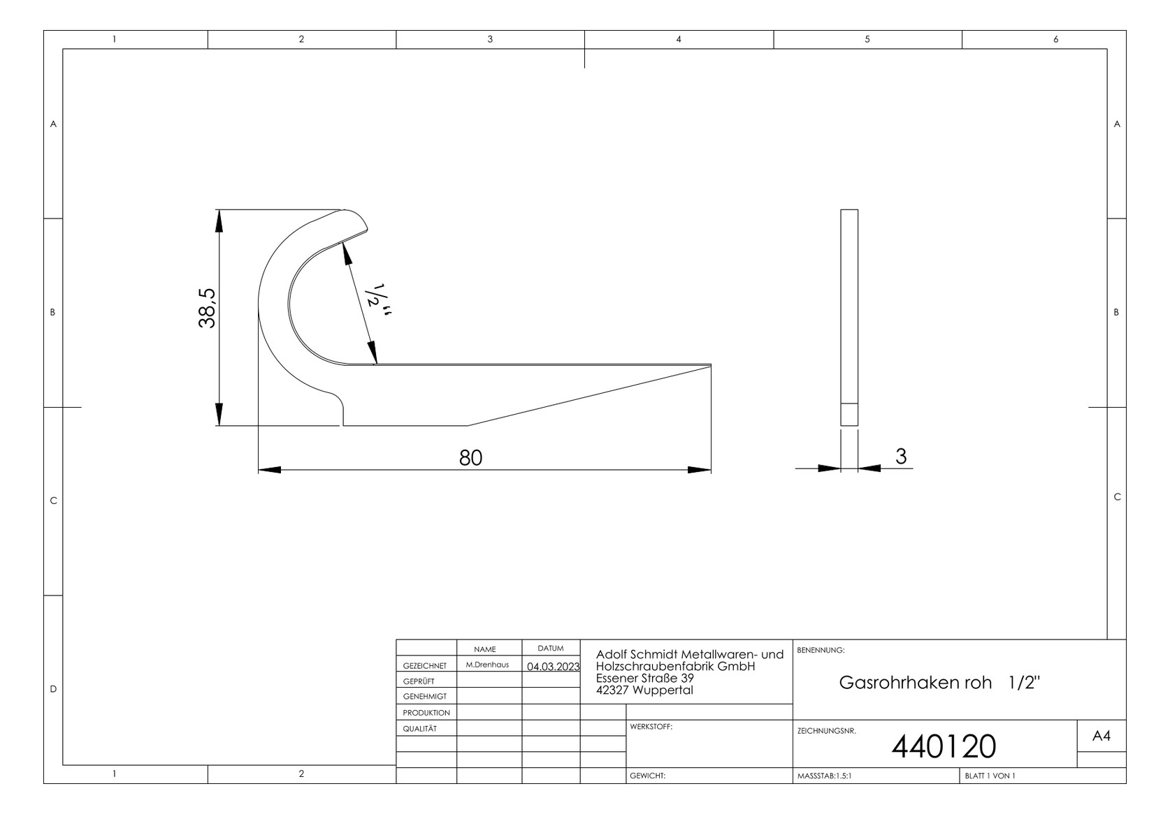 ASW Gasrohrhaken 1/2", Eisen roh
