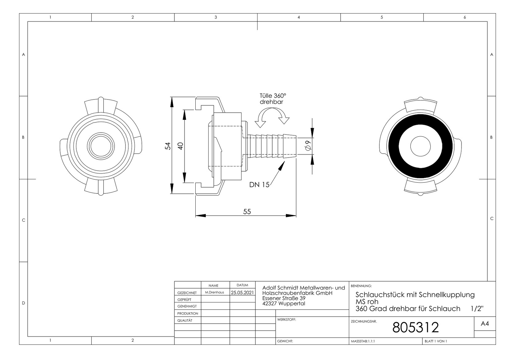 ASW Schlauchstück für Schlauch 1/2", Tülle 360Grad drehbar, Messing roh ASW Schlauchstück für Schlauch 1/2", Tülle 360Grad drehbar, Messing roh