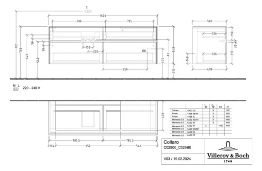 V&B Waschtischunterschrank Collaro 160x54,8x50cm, Waschtisch links, mit LED-Beleuchtung, stone oak