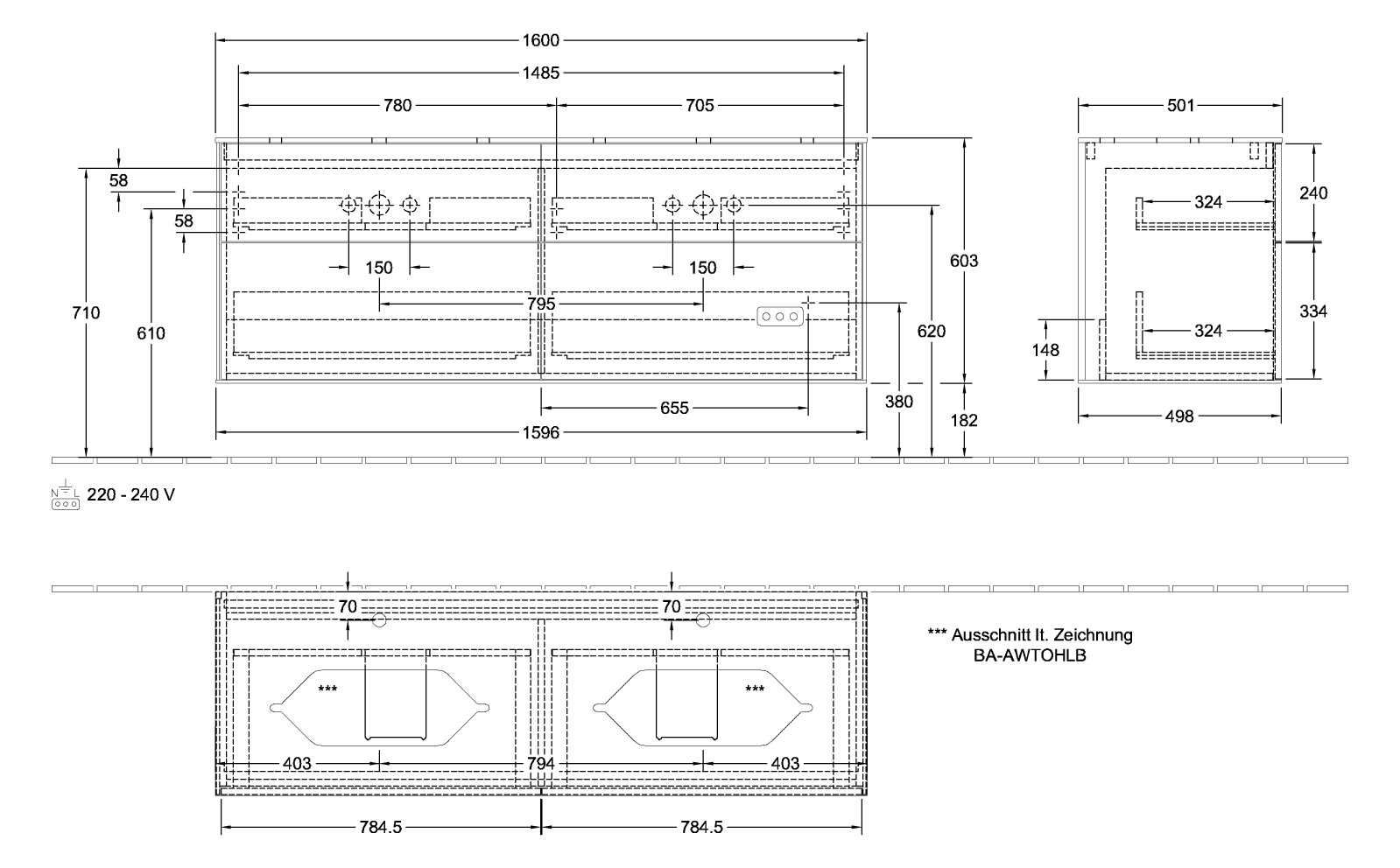 V&B Waschtisch-Unterschrank Wandbeleuchtung Finion 160x60,3cm, Abdeckplatte white matt, Anthracite matt