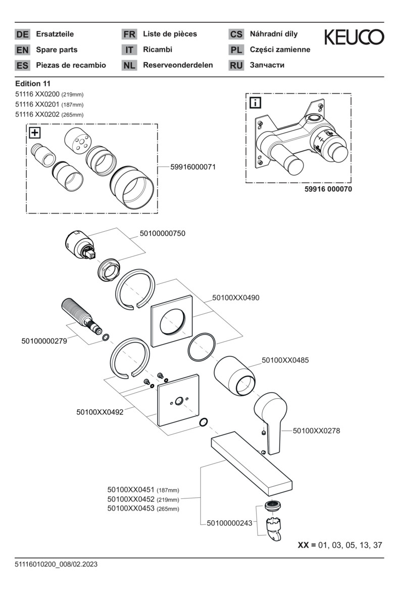 KEUCO Waschtisch-2-Loch-Wandarmatur Edition 11 Unterputz-Montage, ohne Ablaufgarnitur, Ausladung 243 mm, verchromt