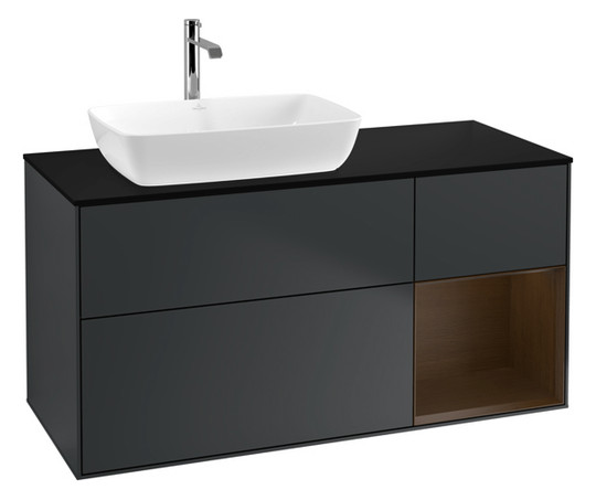 V&B Waschtisch-Unterschrank Finion 120cm, Abdeckplatte black matt, Regal Walnut Veneer, Midnight Blue Matt Lacquer