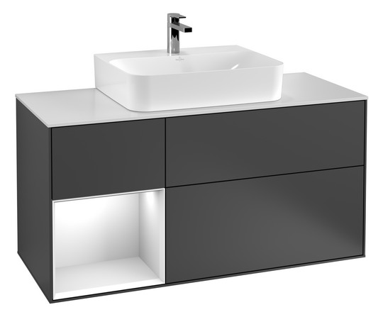 V&B Waschtisch-Unterschrank Finion 120cm, Abdeckplatte black matt, Regal links Olive Matt Lacquer, Walnut veneer