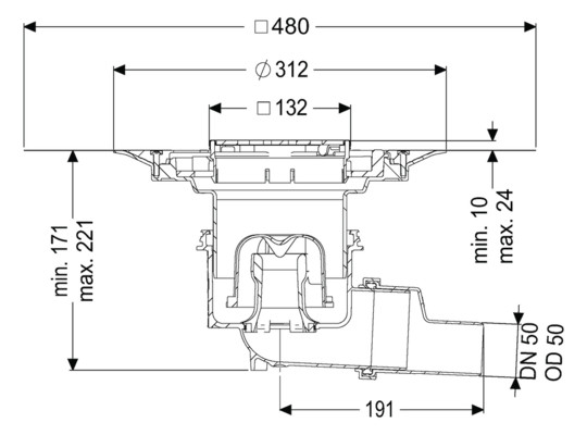 Kessel Boden-Deckenablauf Practicus DN 50, Designrost Kessel, seitlich, mit Anschlussrand