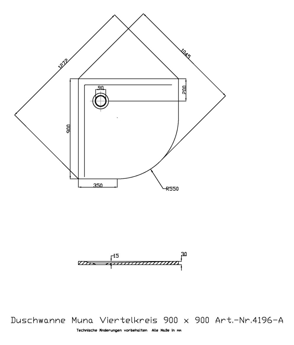 Hoesch Mineralguss-Viertelkreis-Duschwanne Muna 90 x 90 x 3 cm, weiß matt, Solique