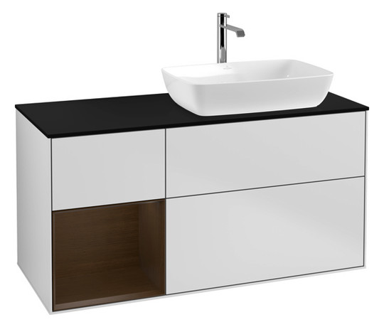 V&B Waschtisch-Unterschrank Finion 120cm, Abdeckplatte black matt, Regal Walnut Veneer, White matt lacquer