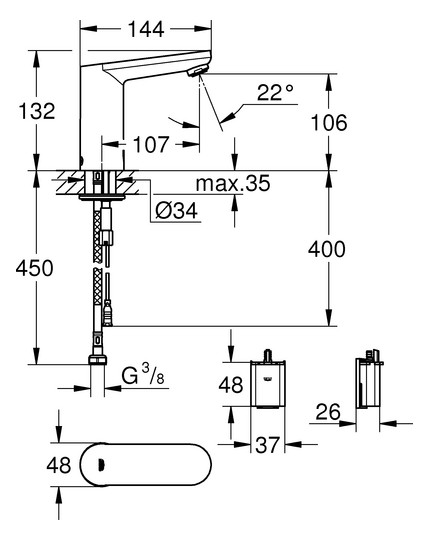 GROHE Infrarot-Waschtisch-Armatur Eurosmart CE 1/2", ohne Mischung, Batteriebetrieb, chrom