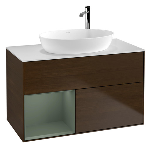 V&B Waschtisch-Unterschrank Finion 100cm, Abdeckplatte white matt, Regal Olive matt lacquer, Walnut veneer V&B Waschtisch-Unterschrank Finion 100cm, Abdeckplatte white matt, Regal Olive matt lacquer, Walnut veneer