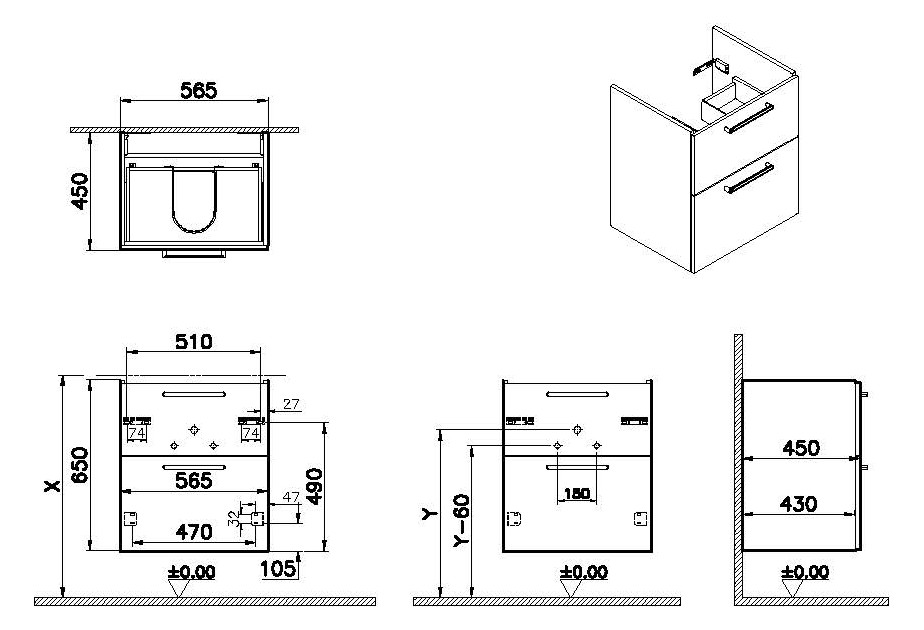 VitrA Bad Waschtisch-Unterschrank Root Flat 56,5x45x65cm, 2 Vollauszüge, Korpus Dunkelblau Matt